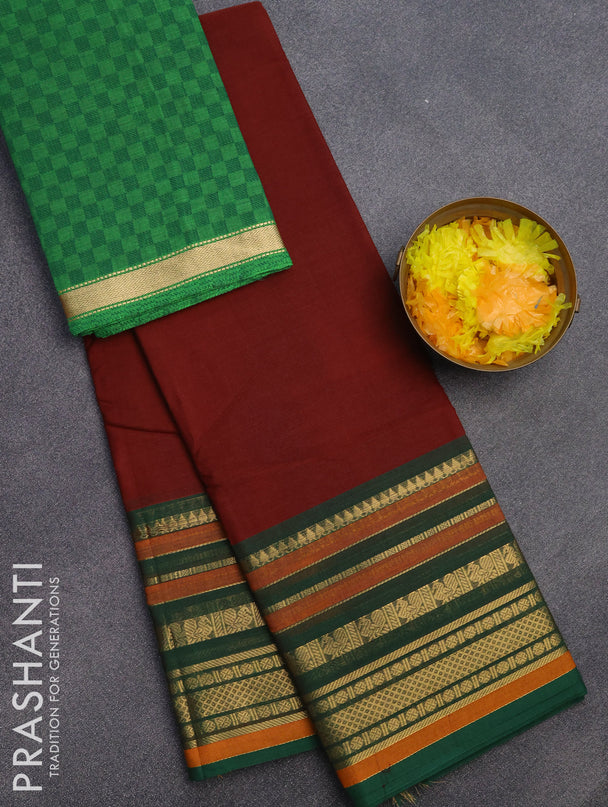 Chettinad cotton saree maroon shade and green with plain body and long zari woven border & woven blouse