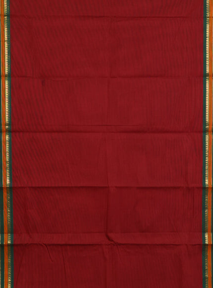 Chettinad cotton saree maroon shade and green with plain body and long zari woven border & woven blouse