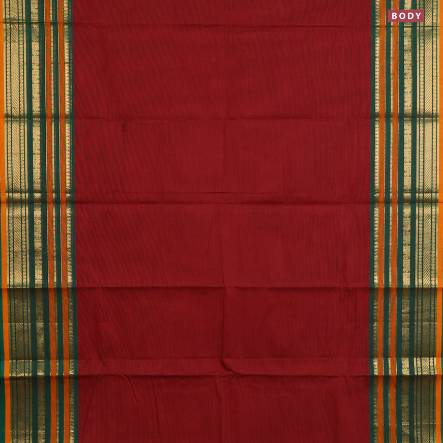 Chettinad cotton saree maroon shade and green with plain body and long zari woven border & woven blouse