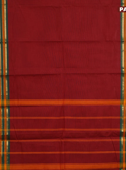 Chettinad cotton saree maroon shade and green with plain body and long zari woven border & woven blouse