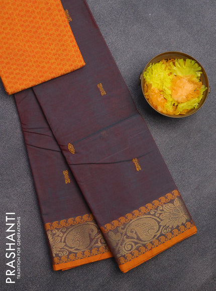 Chettinad cotton saree dual shade of maroonish green and yellow with thread woven buttas and zari woven border & woven blouse