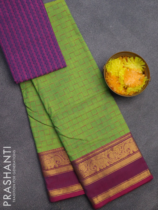 Chettinad cotton saree light green and magenta pink with allover thread weaves and rettapet zari woven border & woven blouse