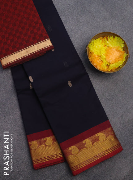 Chettinad cotton saree navy blue and maroon with thread woven buttas and long zari woven border & woven blouse