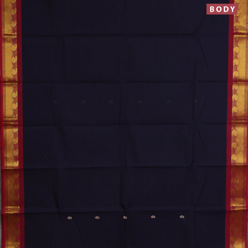 Chettinad cotton saree navy blue and maroon with thread woven buttas and long zari woven border & woven blouse