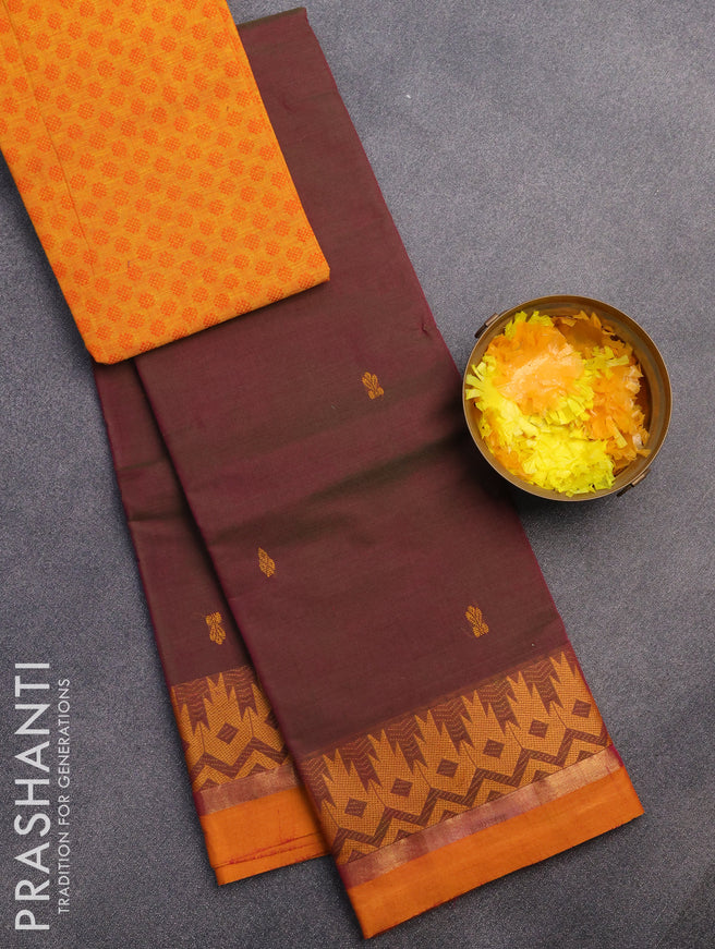 Chettinad cotton saree dual shade of greenish pink and mustard yellow with thread woven buttas and thread woven border & woven blouse