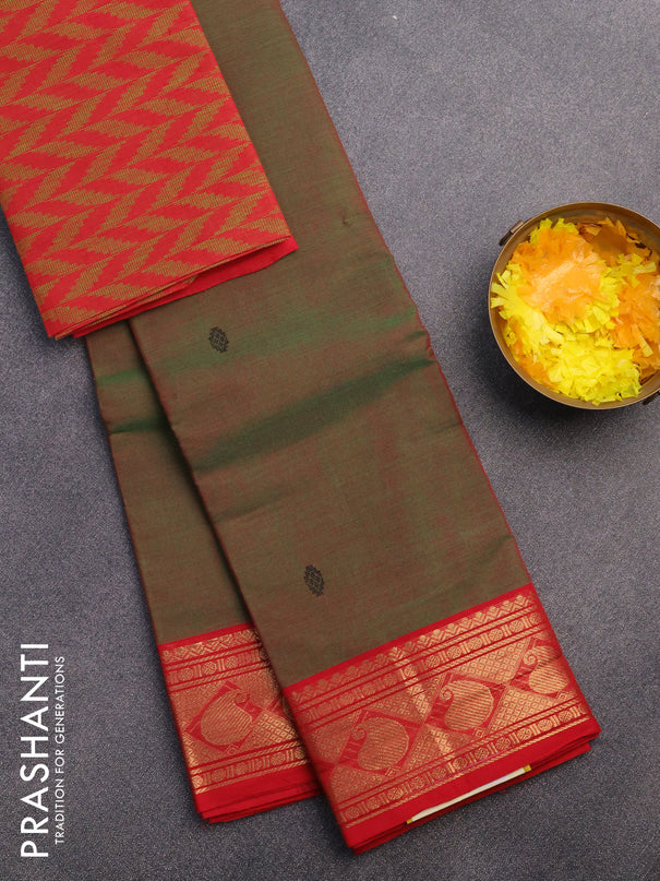 Chettinad cotton saree light green and red with thread woven buttas and zari woven border & woven blouse