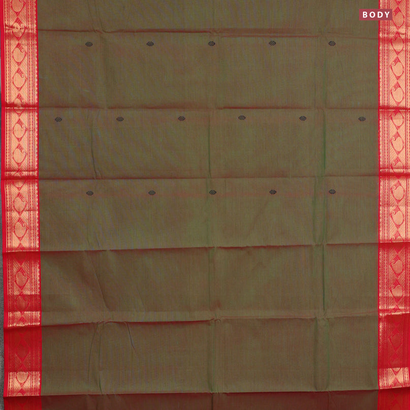 Chettinad cotton saree light green and red with thread woven buttas and zari woven border & woven blouse