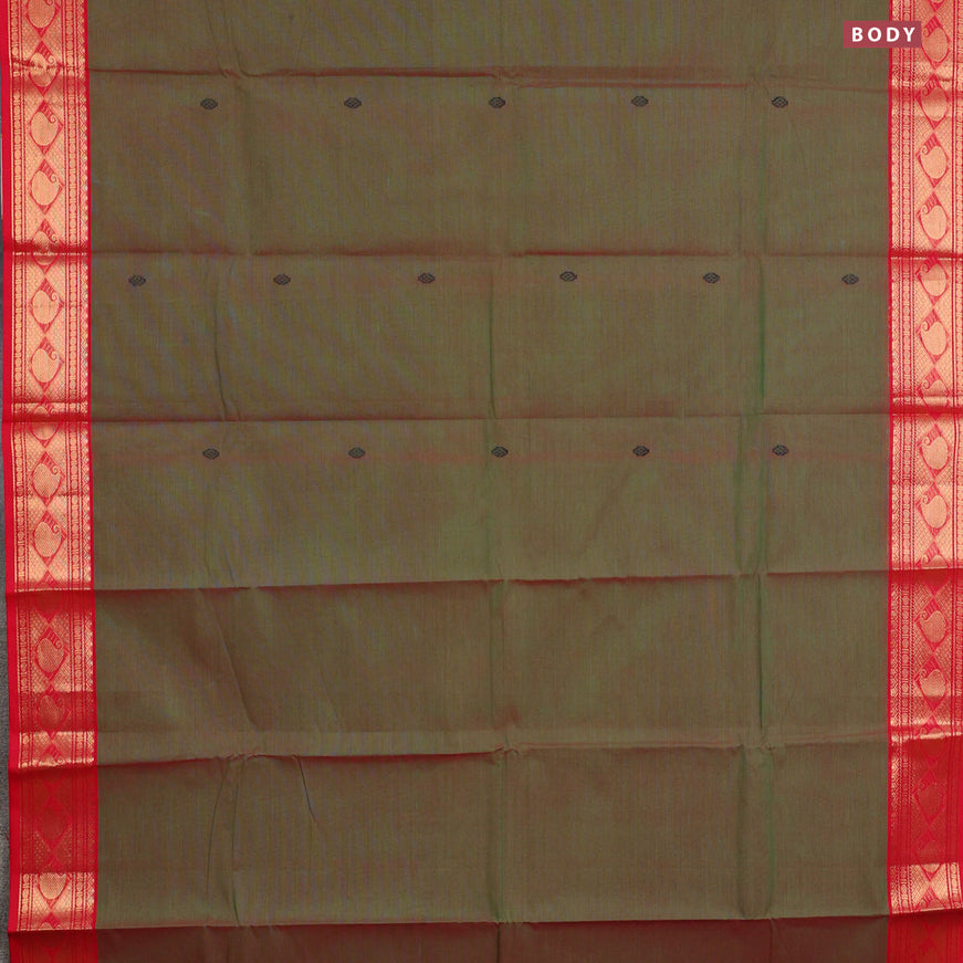 Chettinad cotton saree light green and red with thread woven buttas and zari woven border & woven blouse