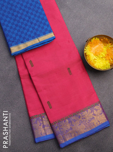 Chettinad cotton saree pink and cs blue with thread woven buttas and zari woven border & woven blouse