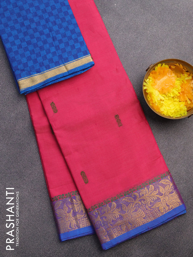 Chettinad cotton saree pink and cs blue with thread woven buttas and zari woven border & woven blouse