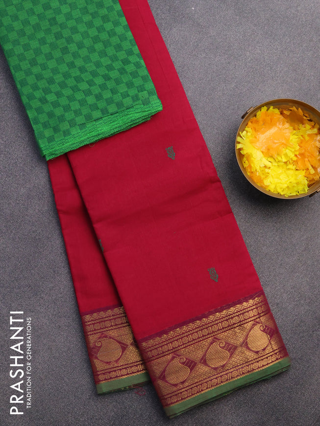 Chettinad cotton saree magenta pink and green with thread woven buttas and zari woven border & woven blouse