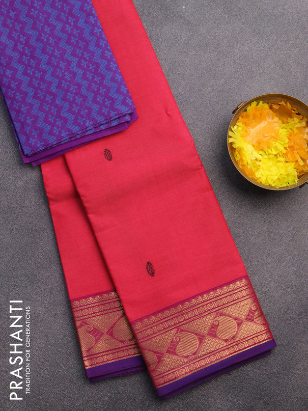 Chettinad cotton saree pink and blue with thread woven buttas and zari woven border & woven blouse