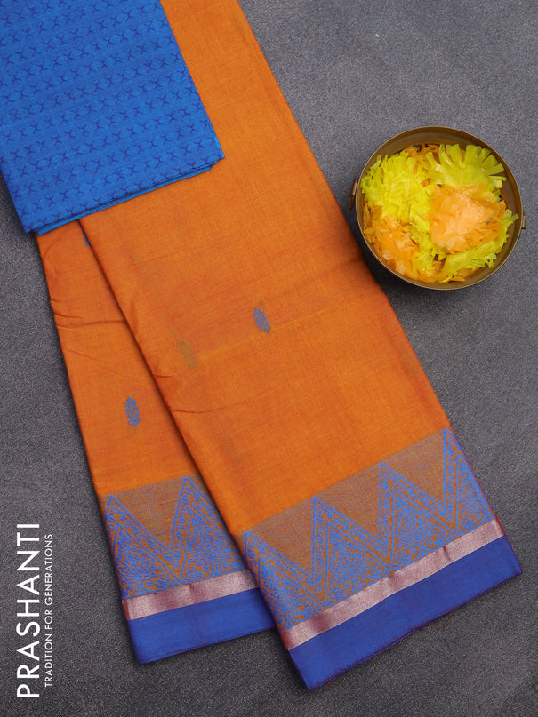 Chettinad cotton saree yellow shade and cs blue with thread woven buttas and thread woven simple border & woven blouse