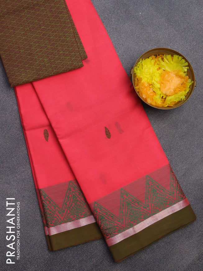 Chettinad cotton saree candy pink and mehendi green with thread woven buttas and thread woven simple border & woven blouse