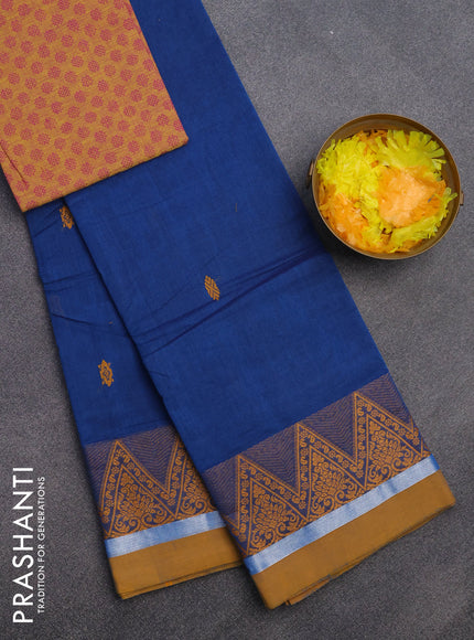 Chettinad cotton saree cs blue and mustard yellow with thread woven buttas and thread woven simple border & woven blouse