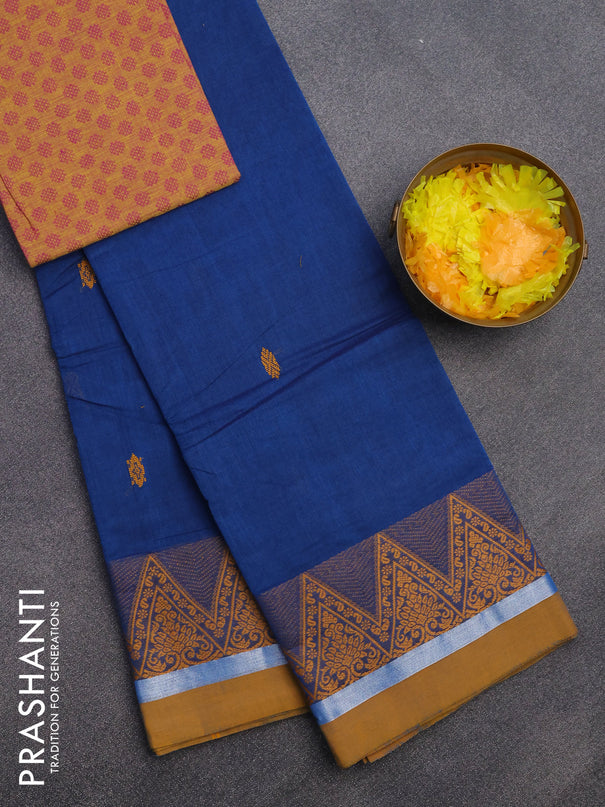 Chettinad cotton saree cs blue and mustard yellow with thread woven buttas and thread woven simple border & woven blouse