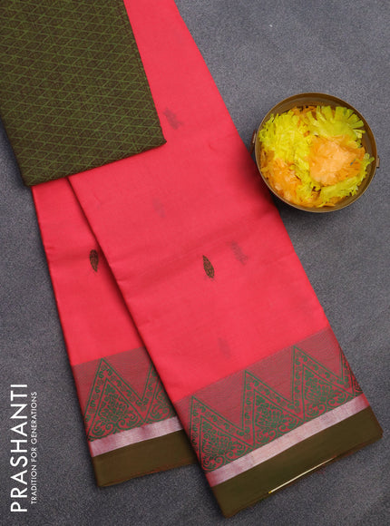 Chettinad cotton saree pink and mehendi green with thread woven buttas and thread woven simple border & woven blouse