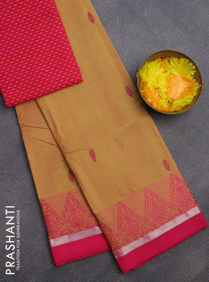 Chettinad cotton saree yellow shade and pink with thread woven buttas and thread woven simple border & woven blouse