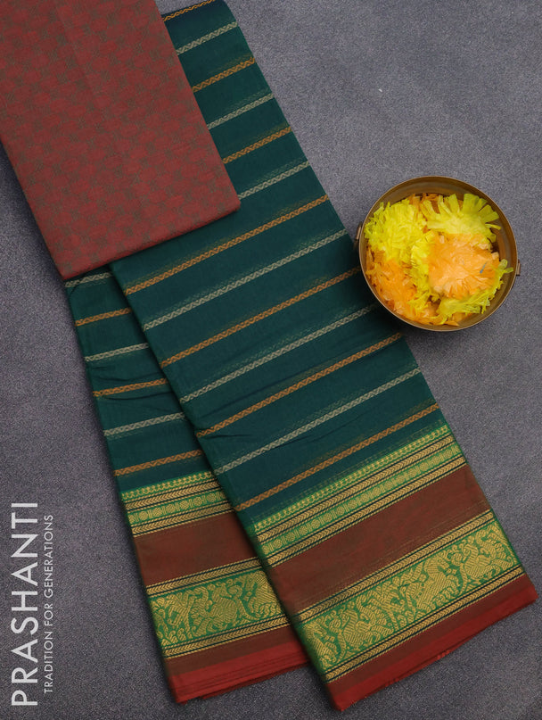 Chettinad cotton saree green and maroon shade with allover thread weaves and rettapet zari woven border & woven blouse