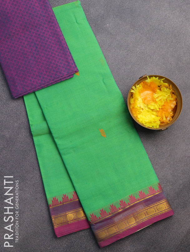 Chettinad cotton saree light green and magenta pink with thread woven buttas and zari woven border & woven blouse