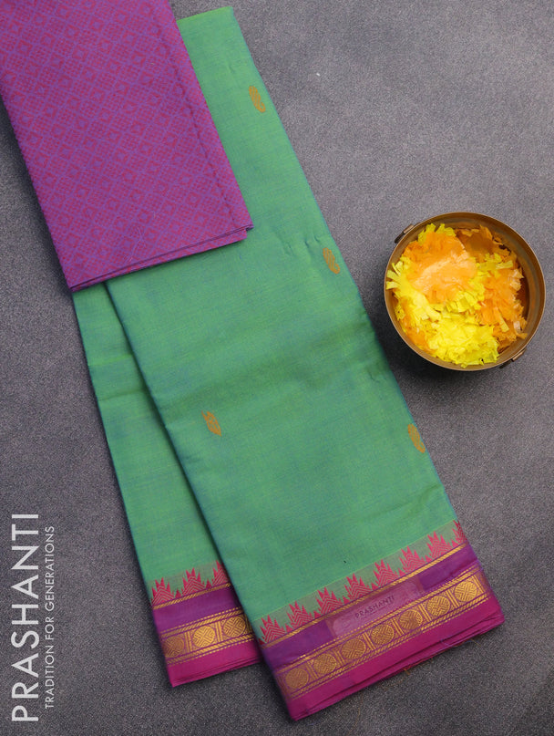 Chettinad cotton saree green shade and magenta pink with thread woven buttas and zari woven border & woven blouse