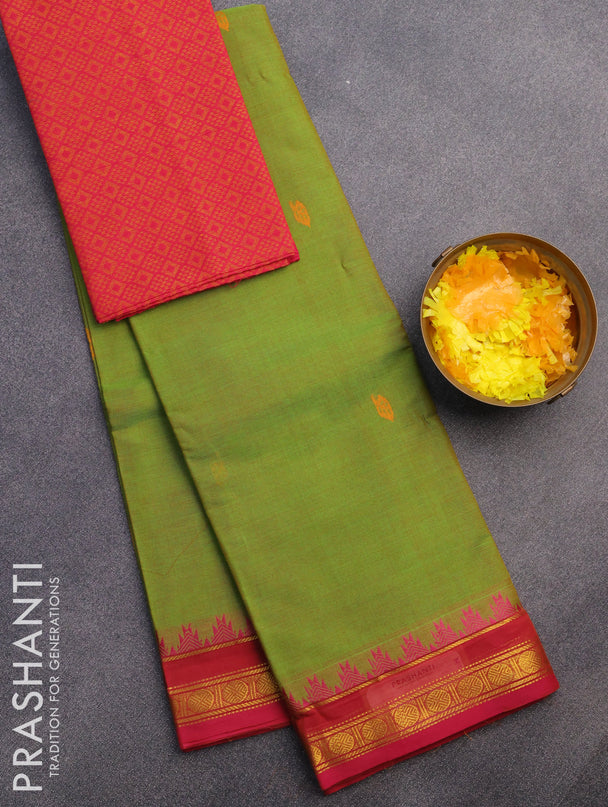 Chettinad cotton saree light green and pink with thread woven buttas and zari woven border & woven blouse