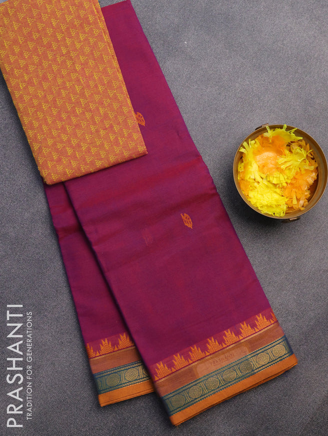 Chettinad cotton saree magenta pink and mustard yellow with thread woven buttas and zari woven border & woven blouse