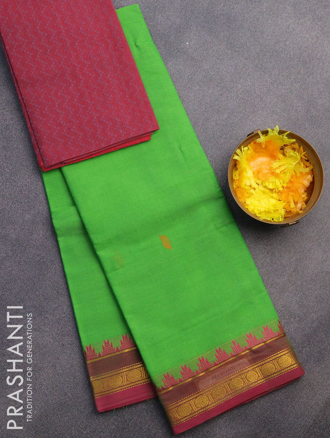 Chettinad cotton saree light green and pink shade with thread woven buttas and zari woven border & woven blouse