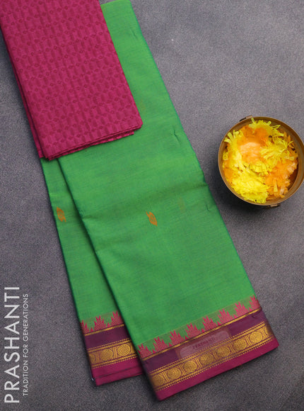 Chettinad cotton saree green and magenta pink with thread woven buttas and zari woven border & woven blouse