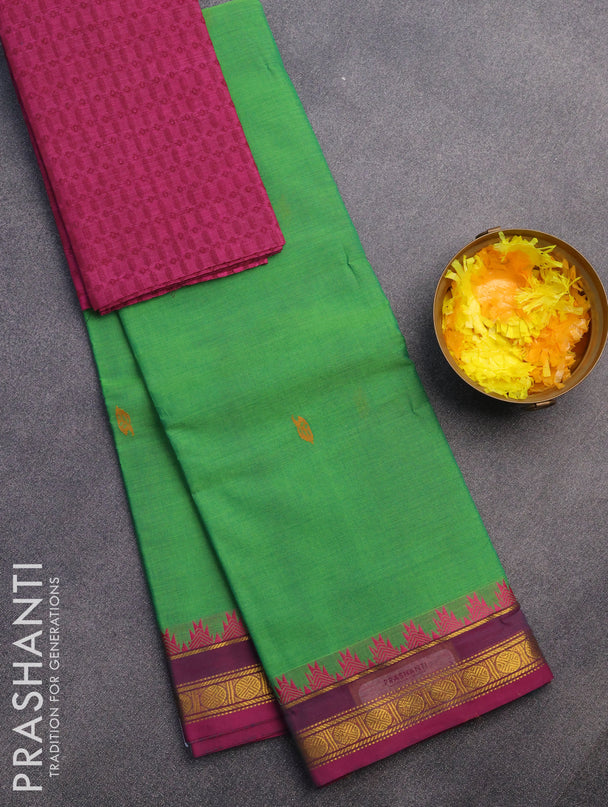 Chettinad cotton saree green and magenta pink with thread woven buttas and zari woven border & woven blouse