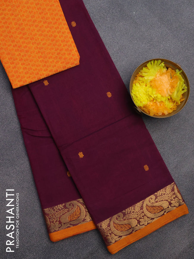 Chettinad cotton saree dark magenta pink and yellow with thread woven buttas and zari woven border & woven blouse