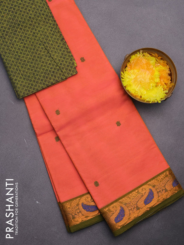 Chettinad cotton saree peach orange and green with thread woven buttas and zari woven border & woven blouse