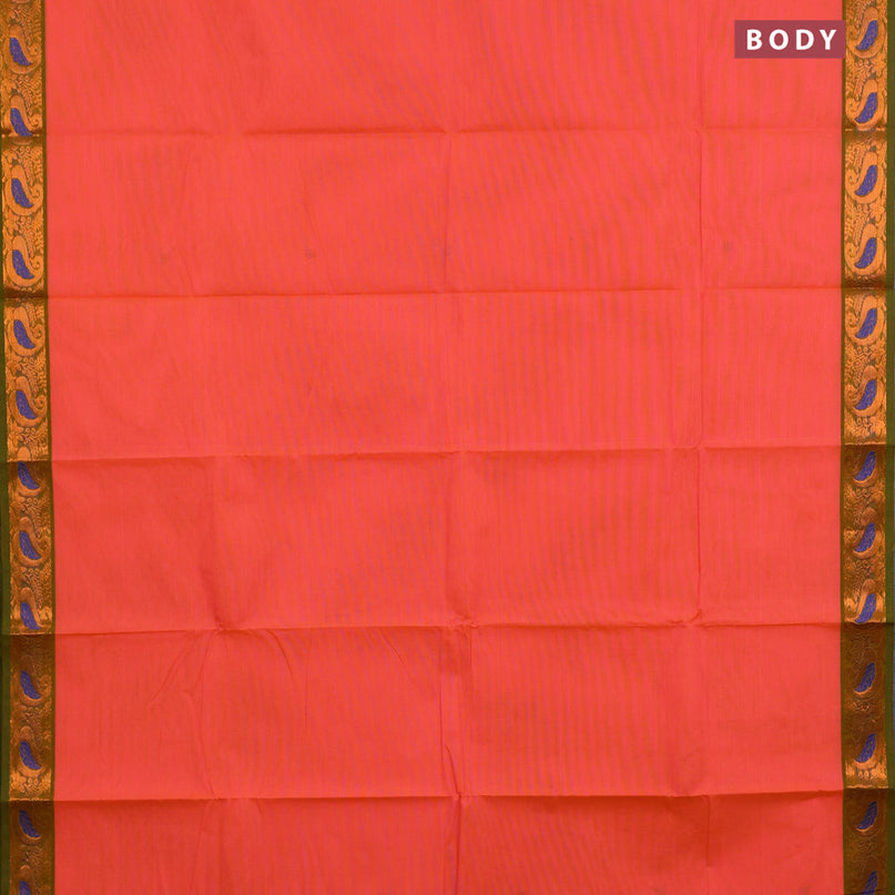 Chettinad cotton saree peach orange and green with thread woven buttas and zari woven border & woven blouse