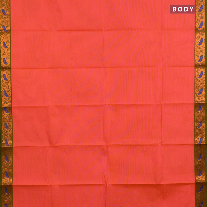 Chettinad cotton saree peach orange and green with thread woven buttas and zari woven border & woven blouse