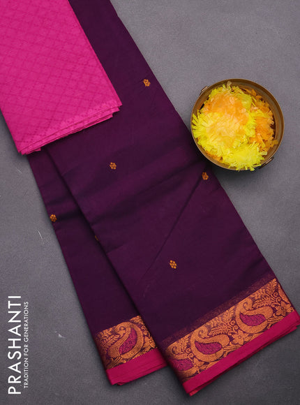 Chettinad cotton saree deep purple and pink with thread woven buttas and zari woven border & woven blouse