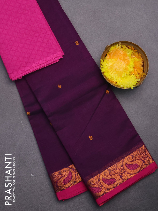 Chettinad cotton saree deep purple and pink with thread woven buttas and zari woven border & woven blouse