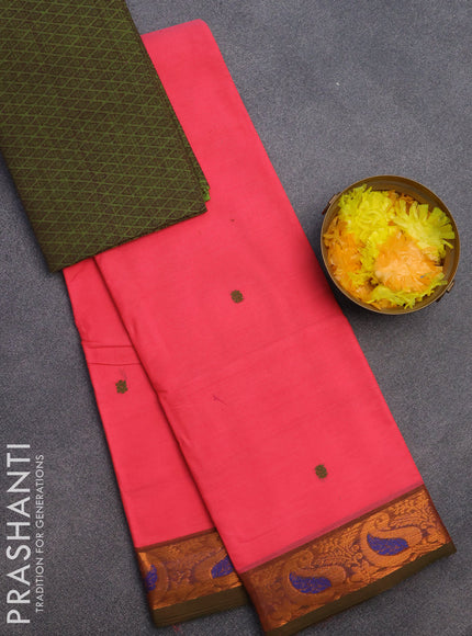 Chettinad cotton saree candy pink and sap green with thread woven buttas and zari woven border & woven blouse