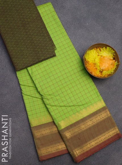 Chettinad cotton saree fluorescent green and maroon shade with allover checked pattern and rettapet zari woven border & woven blouse