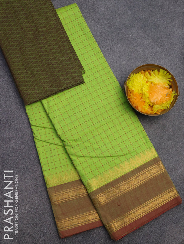 Chettinad cotton saree fluorescent green and maroon shade with allover checked pattern and rettapet zari woven border & woven blouse