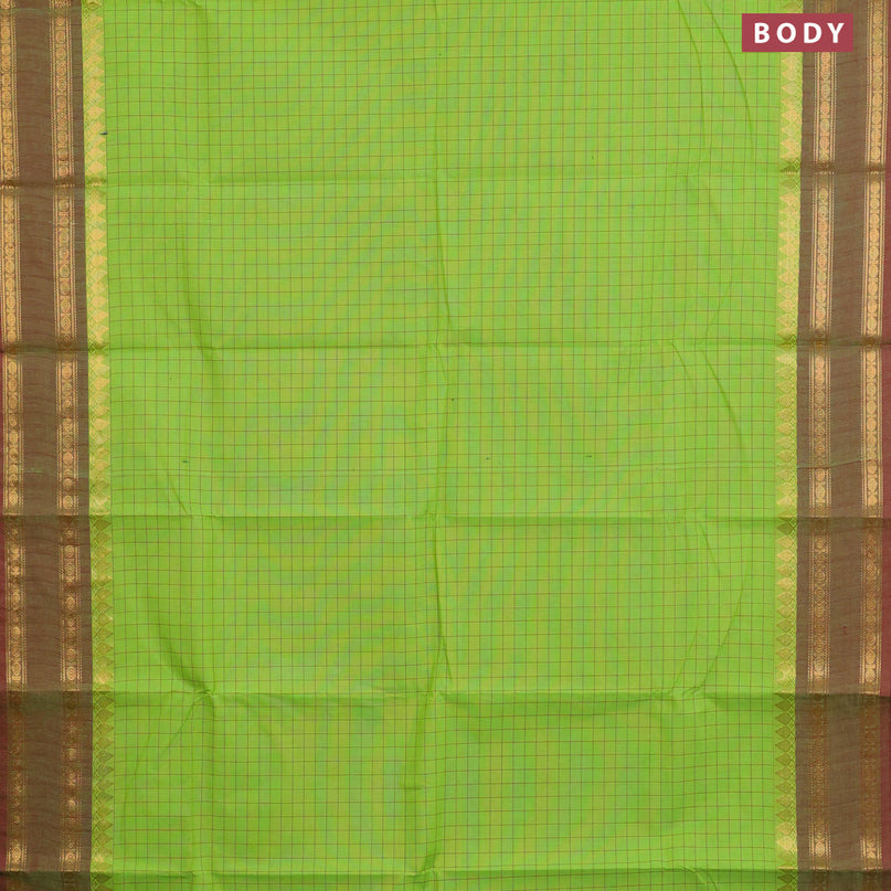 Chettinad cotton saree fluorescent green and maroon shade with allover checked pattern and rettapet zari woven border & woven blouse