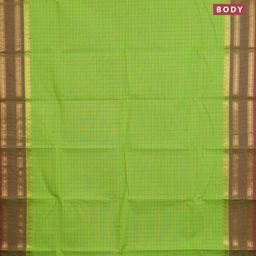 Chettinad cotton saree fluorescent green and maroon shade with allover checked pattern and rettapet zari woven border & woven blouse