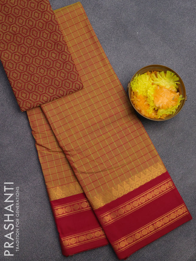 Chettinad cotton saree dual shade of mustard and dark pink with allover checked pattern and rettapet zari woven border & woven blouse