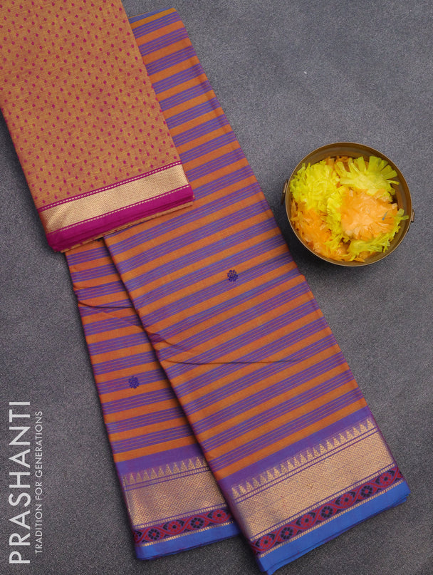 Chettinad cotton saree multi colour and cs blue with allover stripes pattern and zari woven border & woven blouse