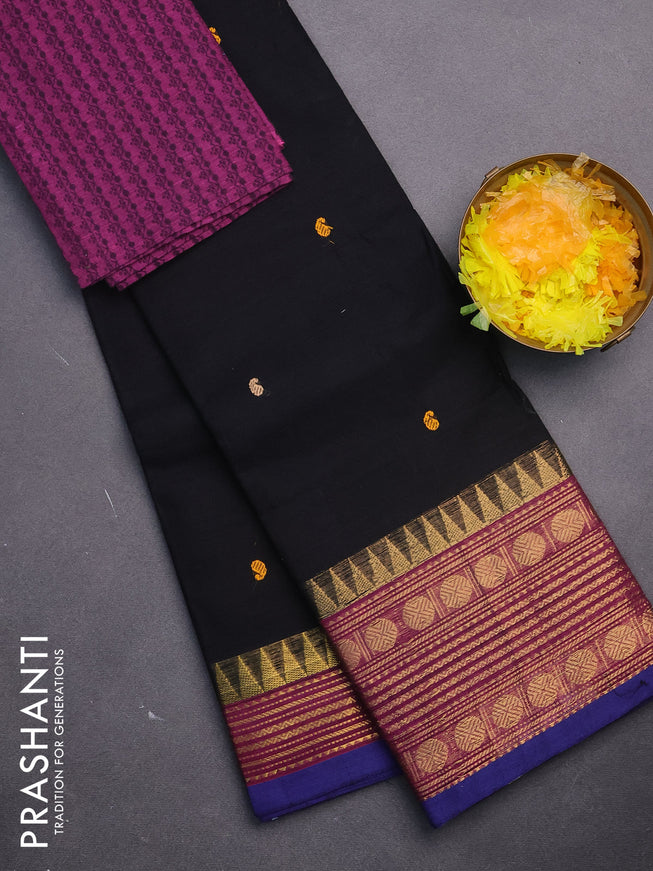 Chettinad cotton saree black and mauve pink with thread woven buttas and long zari woven border & woven blouse