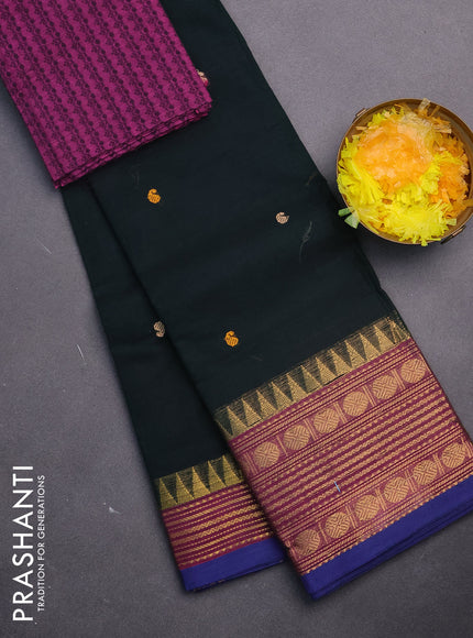 Chettinad cotton saree dark green and mauve pink with thread woven buttas and long zari woven border & woven blouse