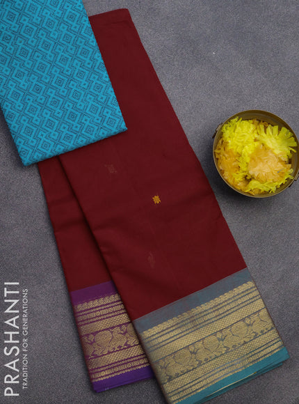 Chettinad cotton saree maroon with thread woven buttas and ganga jamuna border & woven blouse