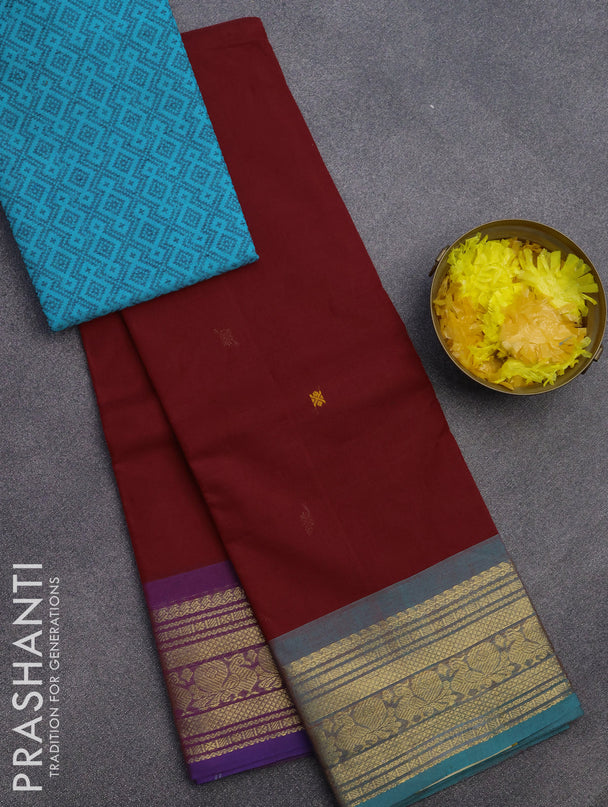 Chettinad cotton saree maroon with thread woven buttas and ganga jamuna border & woven blouse