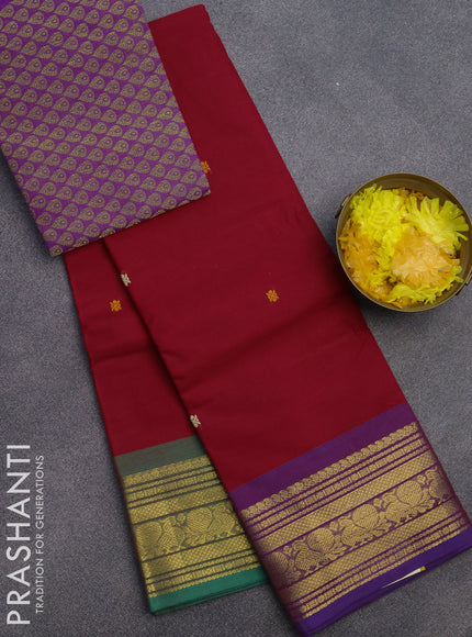 Chettinad cotton saree red with thread woven buttas and ganga jamuna border & woven blouse