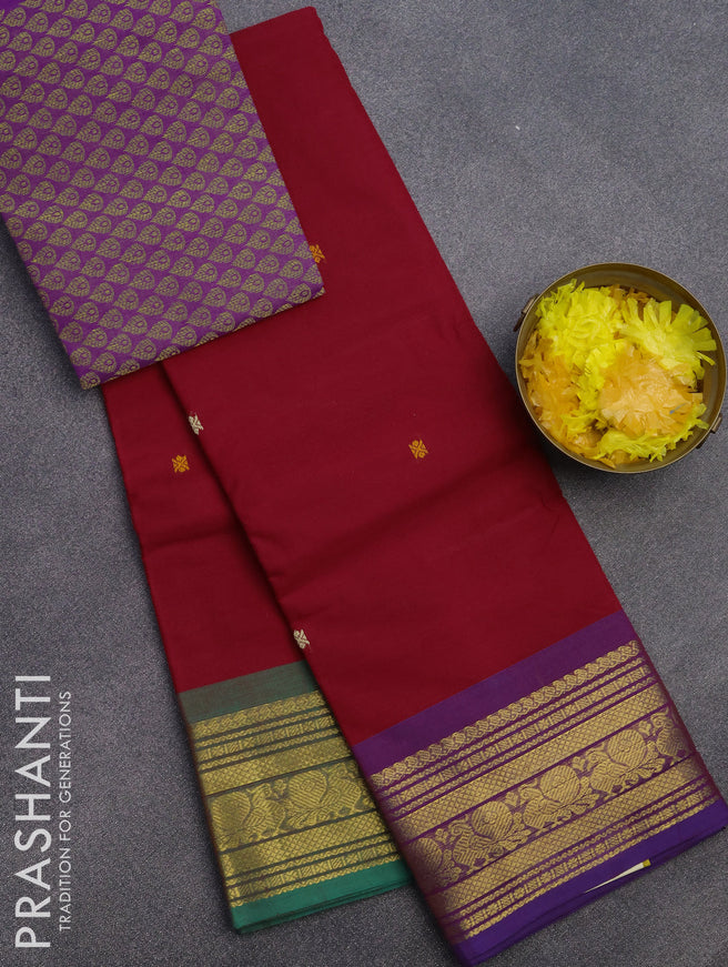 Chettinad cotton saree red with thread woven buttas and ganga jamuna border & woven blouse