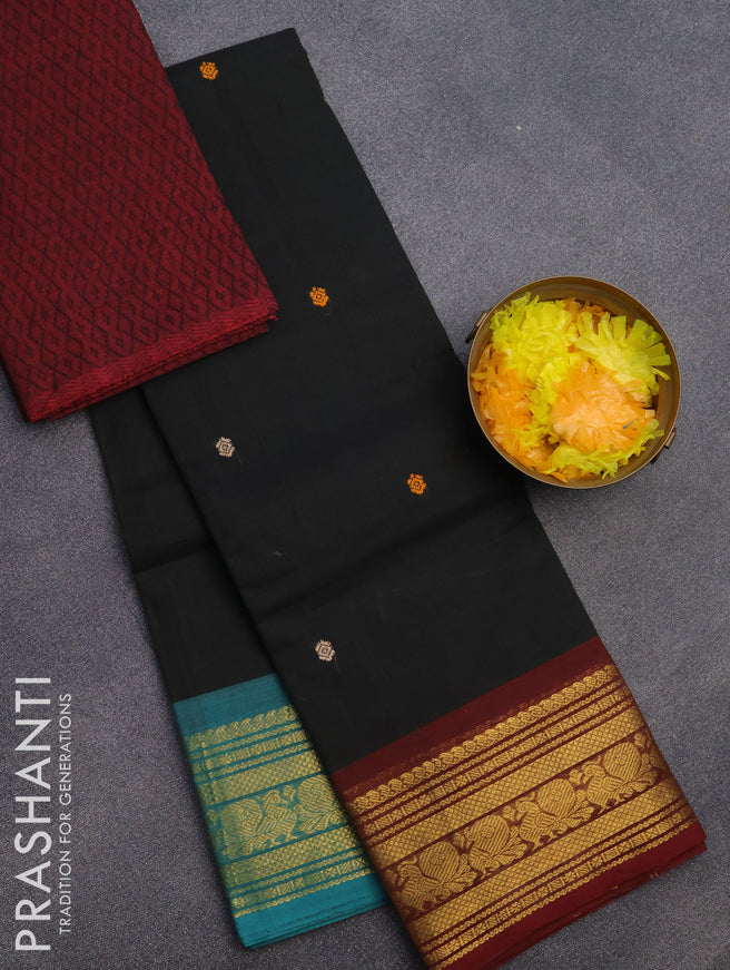 Chettinad cotton saree black with thread woven buttas and ganga jamuna border & woven blouse